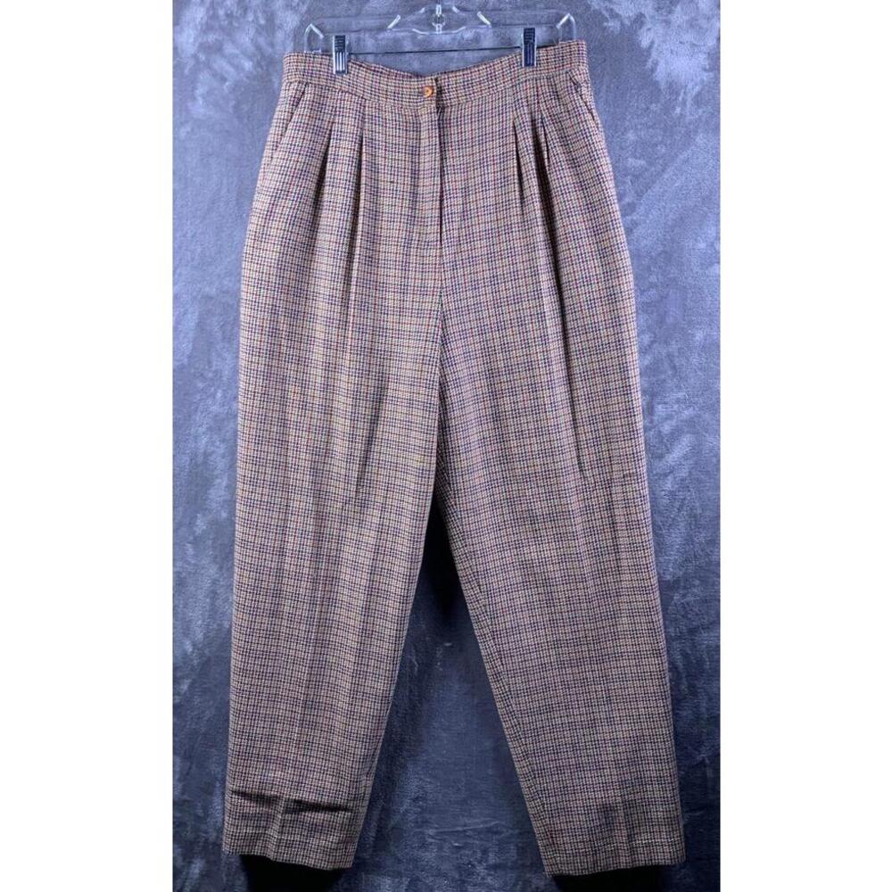 VTG Women's JOAN LESLIE Brn/Grn/Red check lined pleat front High-Waist Pants 728